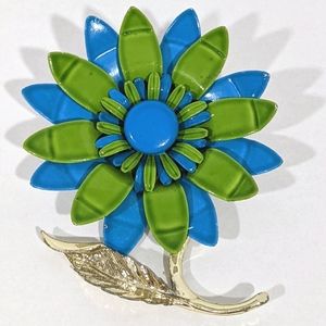 Large Vintage Blue Green Enamel Flower Brooch